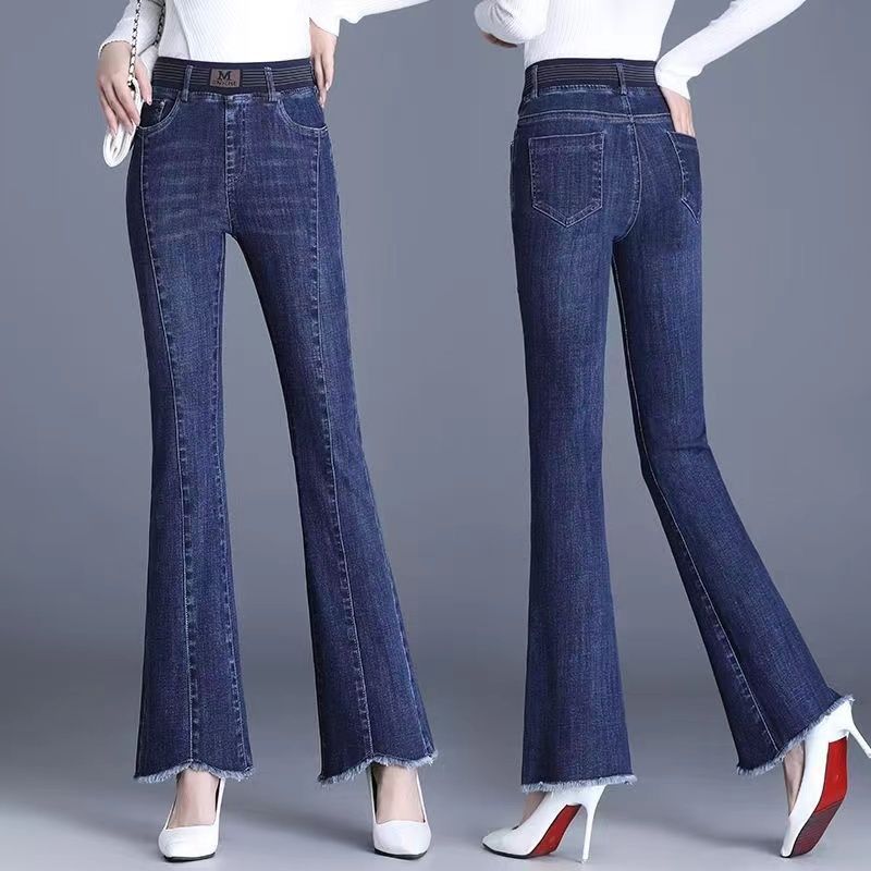 高腰時尚牛仔褲2023年春季新款洋氣修身松緊腰顯瘦顯高微喇叭褲女