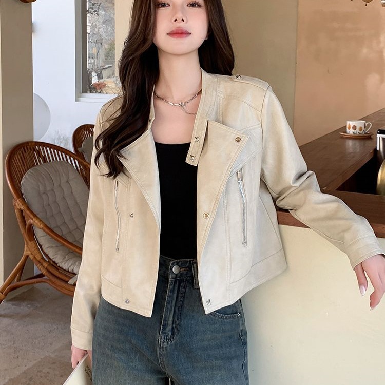 Off-White Sweet Cool Stylish Short Biker Leather Jacket for Women 2025 Autumn New Petite Stand Collar Jacket
