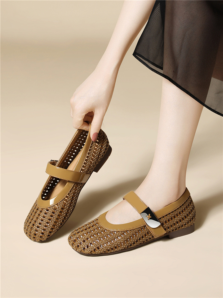 Dép sandal nữ da thật dệt rỗng mũi tròn đế bệt quai chữ V — 6057 Màu cà phê, 6057 Màu be chi tiết 14
