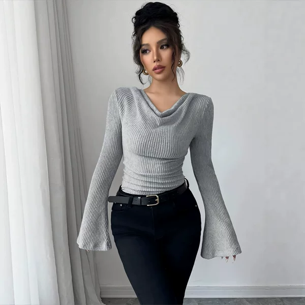 2026 Autumn/Winter European and American Cross-Border Women's Ribbed Base Shirt, Off-Shoulder Slim Fit Knit Long Sleeve Top, Popular Commuting Style
