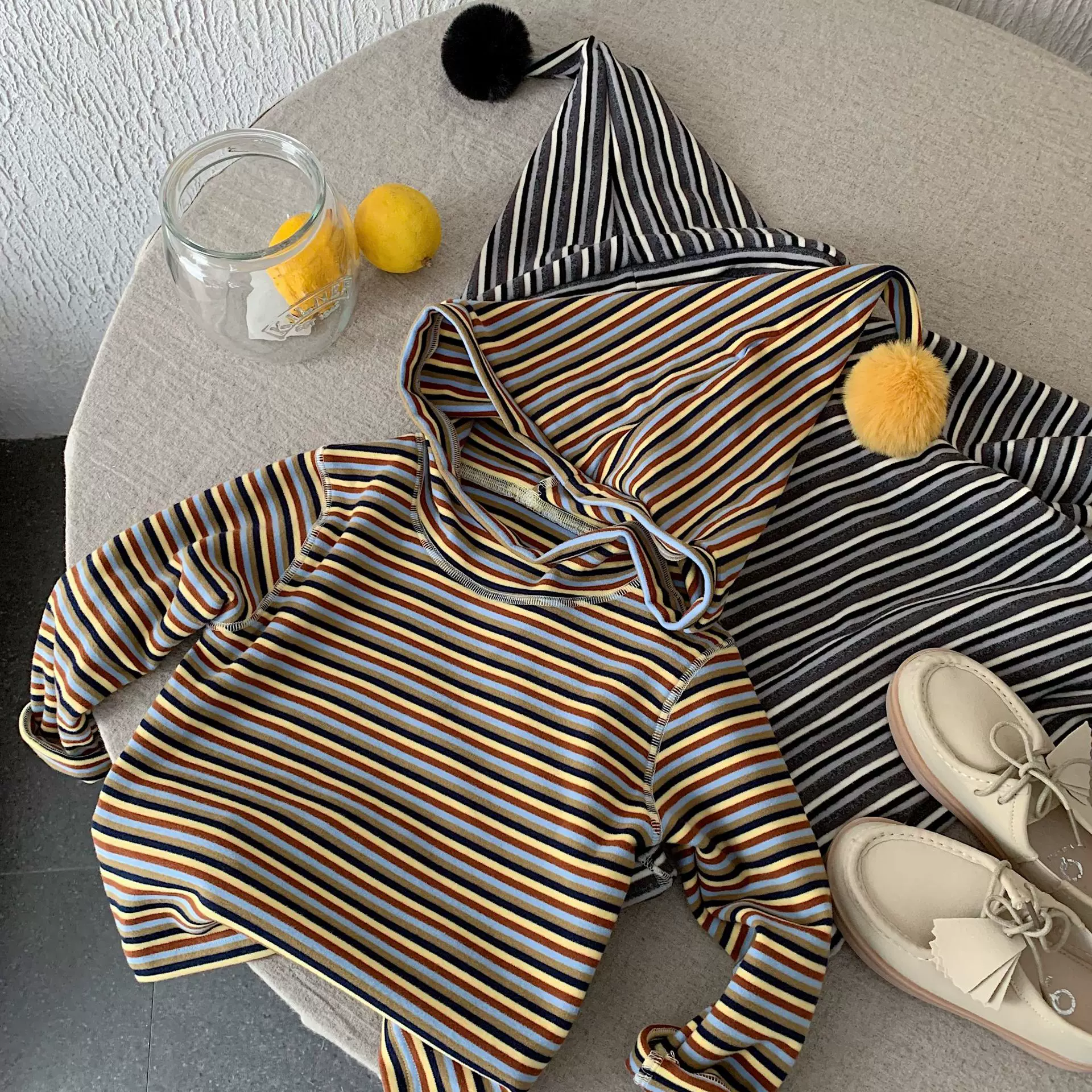 2025冬季新款韩版儿童连帽打底衫男女同款条纹百搭自发热德绒内搭