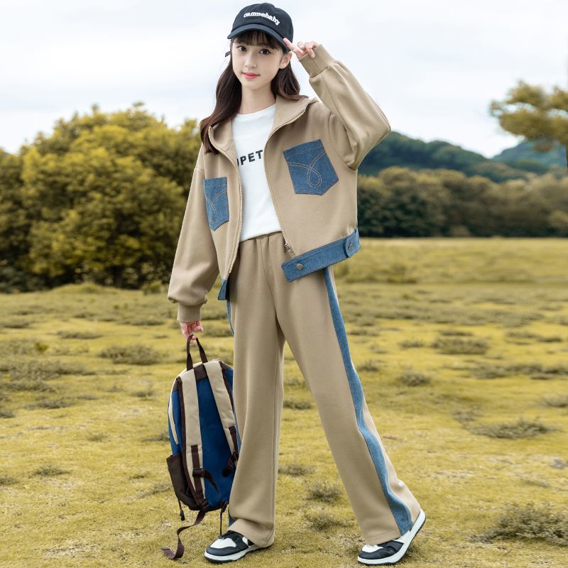 苏黎世家女童秋装洋气套装2025新款中大童韩版牛仔拼接休闲两件套