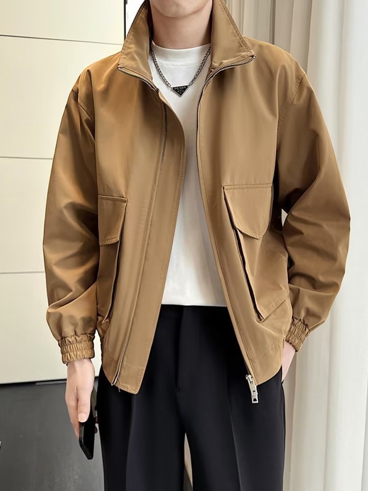 Stand up collar, cool men's spring autumn assault jacket, light mature style, high-end feel, workwear, trendy brand_voghion.com