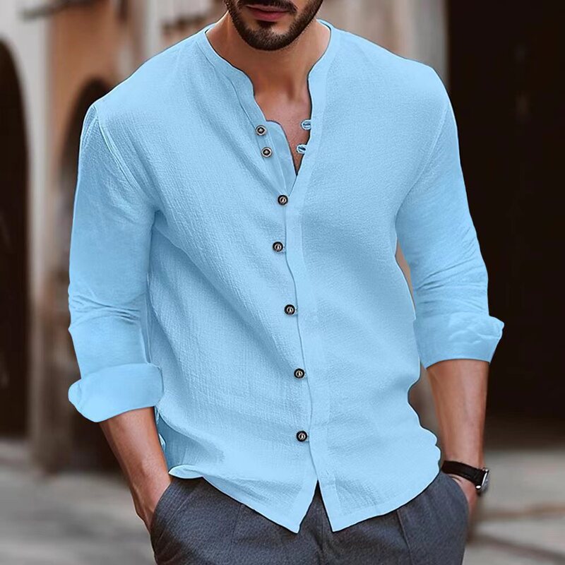 Autumn and Winter Amazon European and American Cross-border Buckle Simple Men's Retro Cotton and Linen Casual Loose Long-sleeved Chinese Shirt