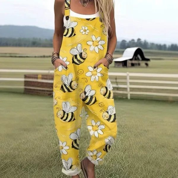 (Round Buckle) Cross-Border Women's Clothing Amazon European and American Summer Digital 3D Printed Button Suspenders Casual Overalls