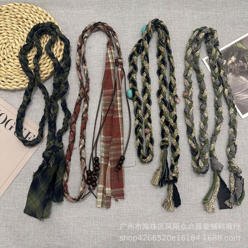 波西米亚风手工编织格子布艺麻花腰绳休闲文艺复古配饰设计感腰带|undefined