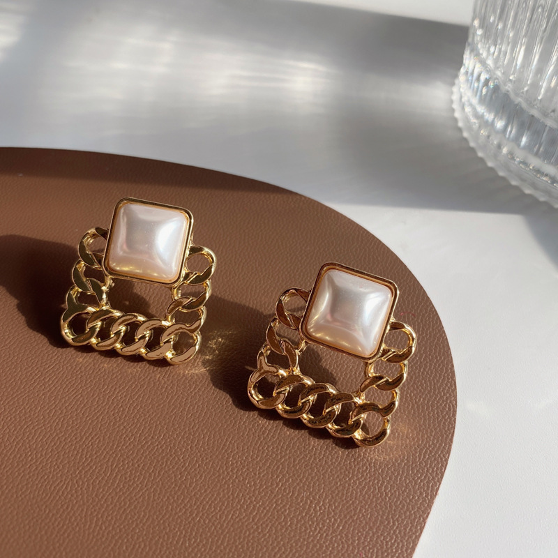 Korean Style Fashion Chain Geometric Square Earrings Pearl Earrings display picture 4