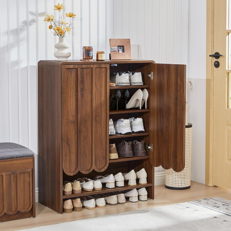 French-style vintage dark walnut entryway shoe cabinet with wavy petal-shaped double doors, handle-free, for home entryway shoe storage