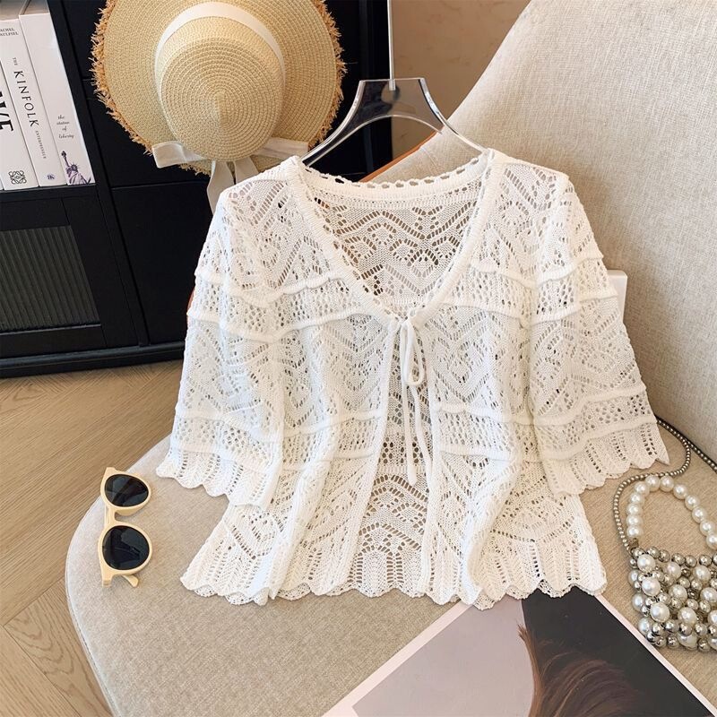 [Global Selection] Women's Ice Silk Knitted Cardigan Short Sleeve Hollow Out Sun Protection Thin Air Conditioning Jacket