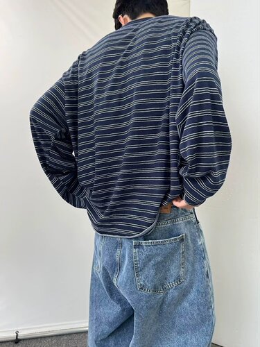 Autumn and Spring Thin American Retro Fringe Crew Neck Striped Long Sleeve T-Shirt for Men Casual Loose Base Shirt Top Trendy