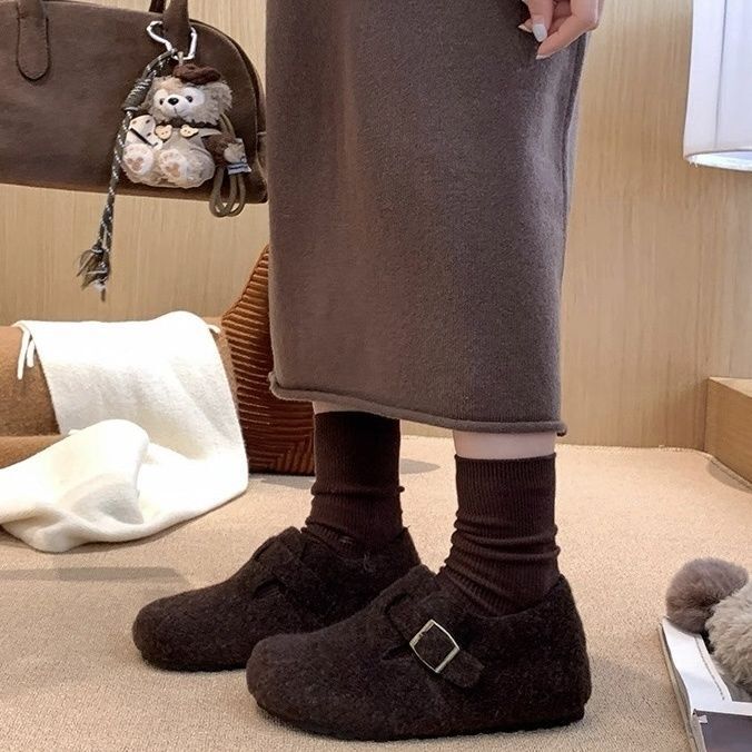 Inner Heightening Retro Round-Toe Felt Fleece-Lined Birkenstock Shoes for Women Fleece-Lined Autumn and Winter Foot Warmers New Scoop New Loafers