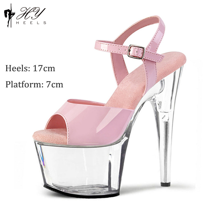 Giày cao gót trong suốt pha lê da sáng chế, gót nhỏ 17cm biểu diễn catwalk — Màu đen, Màu hồng, Màu trắng, Màu mơ