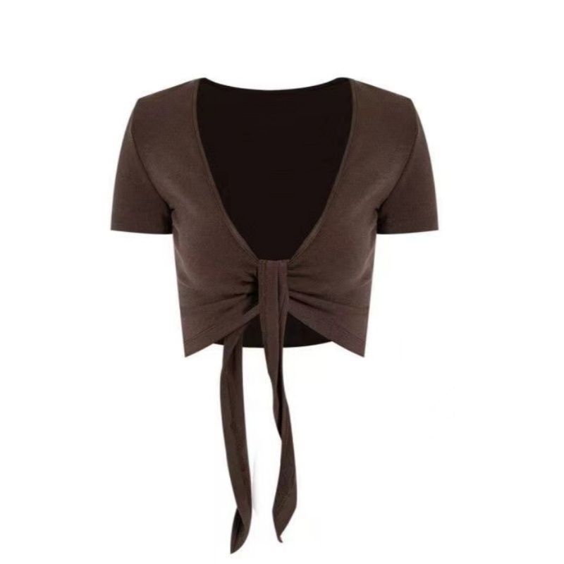 Brown Lace-Up Modal Cotton Cardigan Short-Sleeve Top for Women 2026 Summer New Style Overlay Layering Outerwear Slimming Trendy