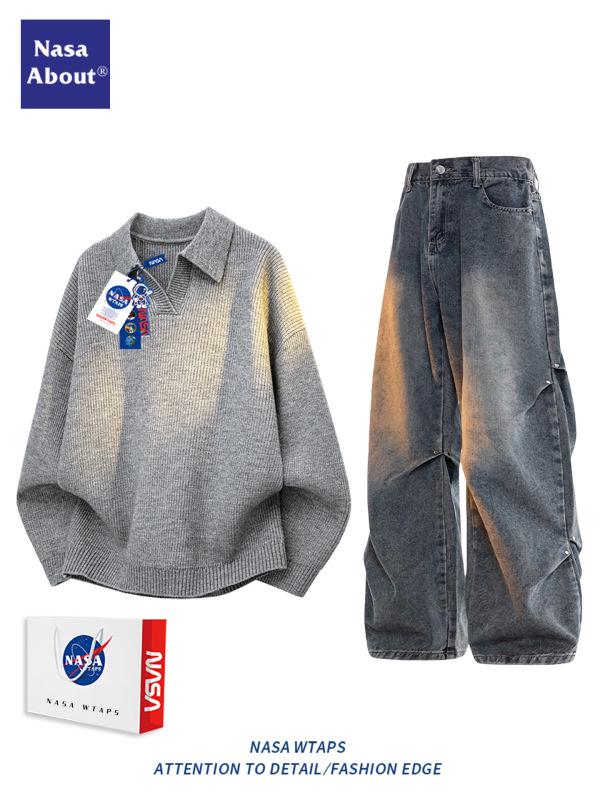 NASA ABOUT美式潮牌休闲运动套装男秋季新款宽松针织衫复古潮毛衣|undefined