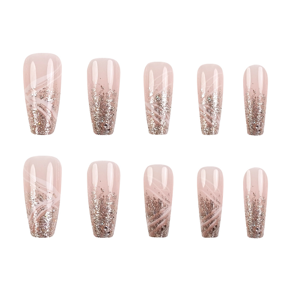 Dulce polvo desnudo, líneas doradas brillante, uñas largas, lujosas, lujosas, 24 piezas de parche de uñas.