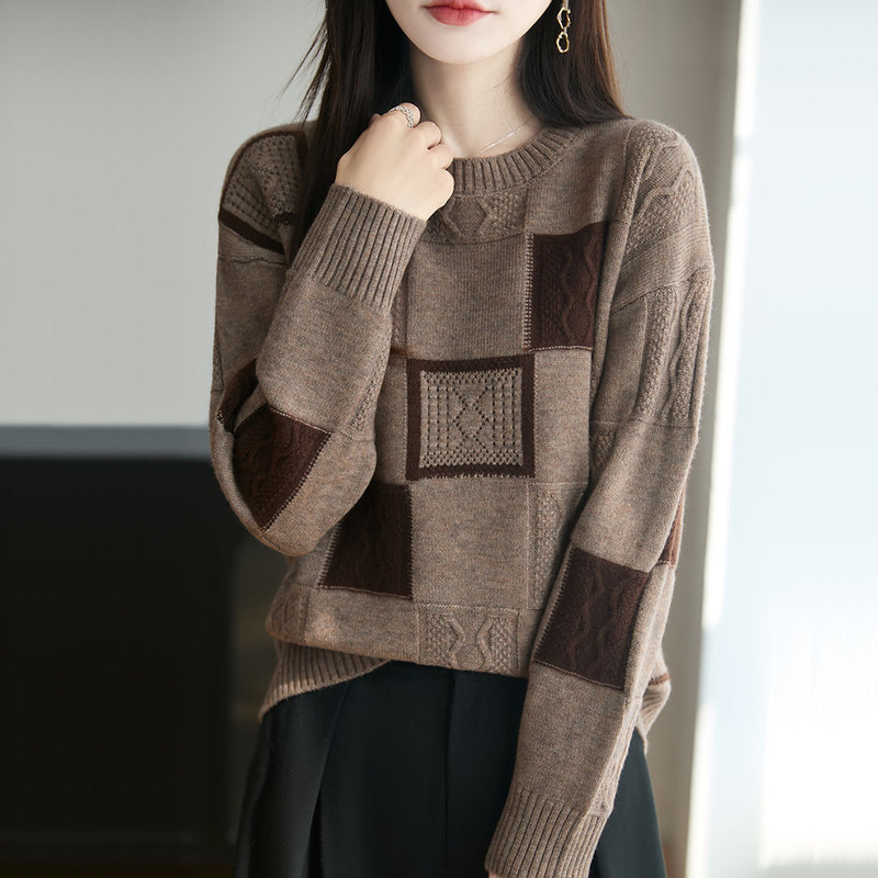 【Direct from Manufacturer】Color-Blocked Round-Neck Knitted Short Women's Sweater with Jacquard Pattern, Slimming, New Autumn Base Shirt