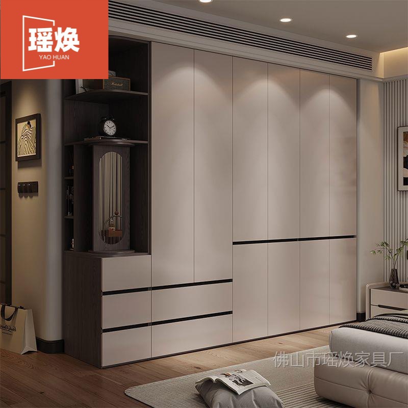 Foshan Furniture Wardrobe Home Bedroom Segmented Flat-Open Light Luxury Simple Gray Solid Wood Large Wardrobe 25 New Cabinets