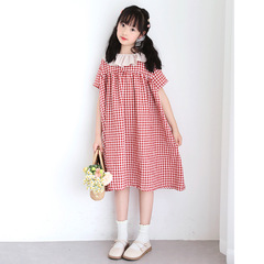 Girls summer 2024 new style children's plaid princess dress for big children loose skirt doll collar