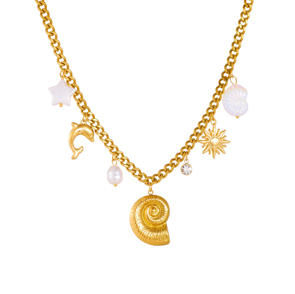 Simple Conch Sun Pearl Dolphin Gold-Plated charm thick Chain Stainless Steel Jewelry Necklace
