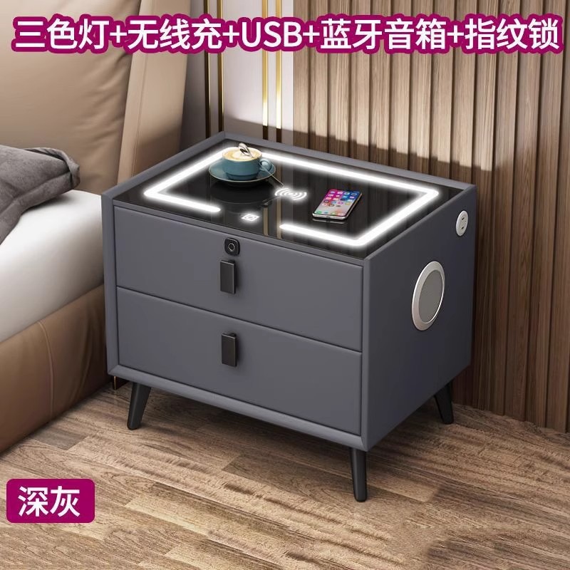 [다크 그레이 2 서랍] 무선 충전기 + LED 3 색 빛 + USB + 블루투스 스피커 + 지문 잠금