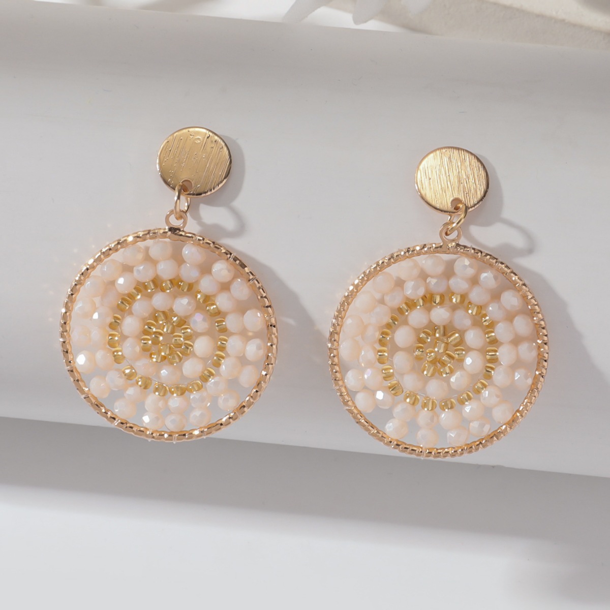 Round Pattern 1 Pair Modern Style Round Beaded Artificial Crystal Alloy Iron Drop Earrings