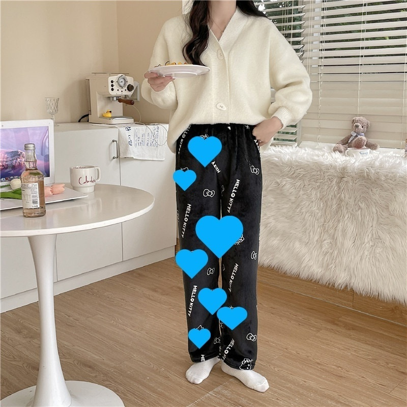 Dibujos Animados KT gato impreso pijama pantalones gruesos de coral de las mujeres de lana de otoño e invierno casa casual franela pijama pantalones gatito desgaste exterior
