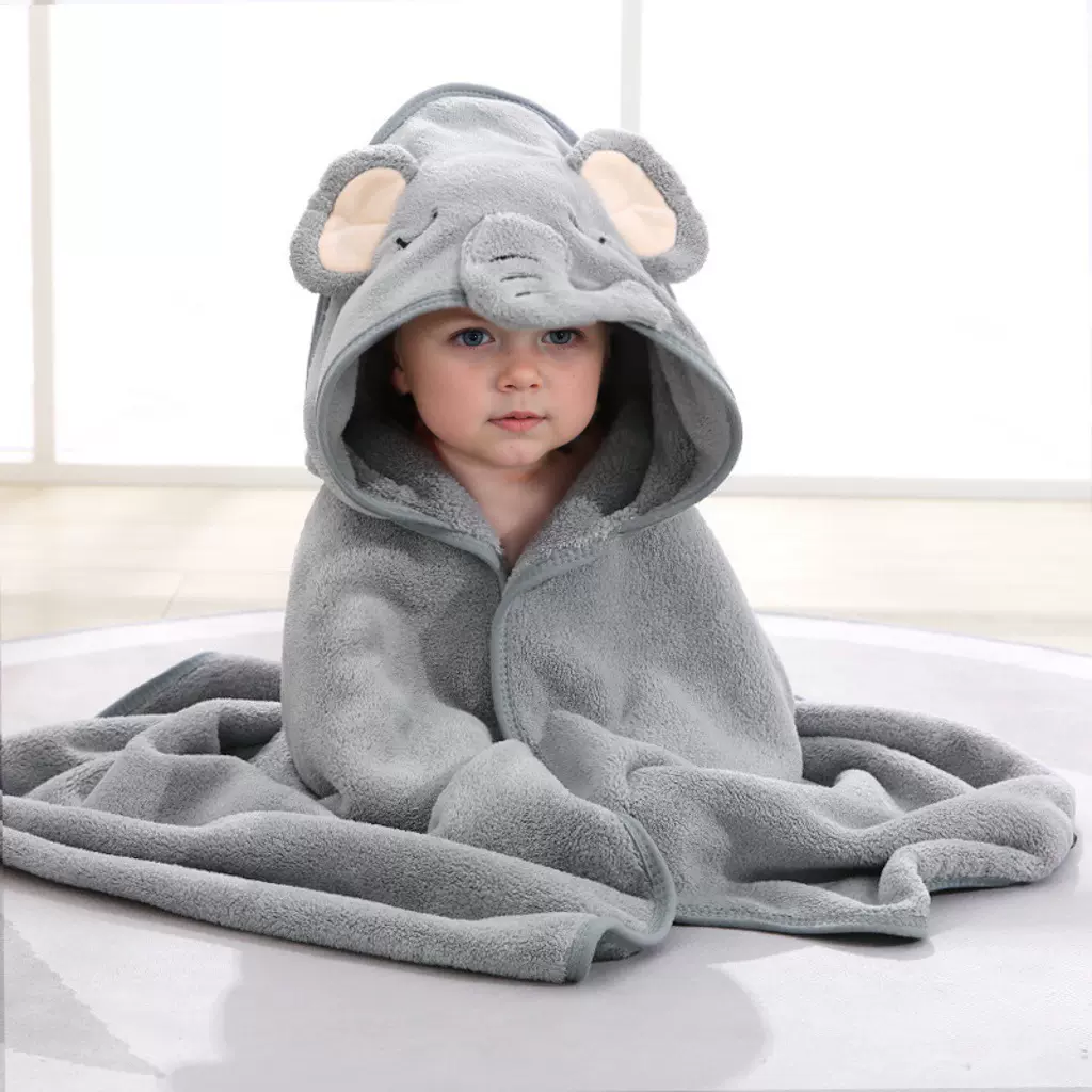 婴儿卡通包被珊瑚绒吸水儿童浴巾绣花抱毯带帽斗篷柔软新生儿抱被