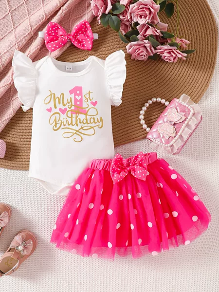 Cross-border European and American Summer Girls' Birthday Suit Short-sleeved Top Polo Dot Color Skirt Accessories Three-piece Children's Suit