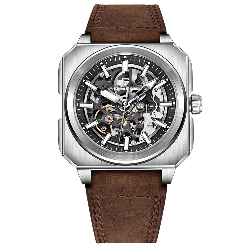 PAGANI DESIGN Bergani Fashion Movimiento mecánico hueco Cuadrado Acero inoxidable Reloj para hombre PD-1791