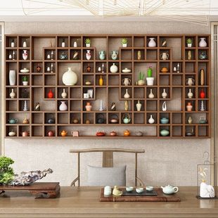Solid Wood Multi-Grid Storage Rack, Wall-Mounted Multi-Grid Storage Cabinet, Teapot, Teacup, Multi-Treasure Shelf