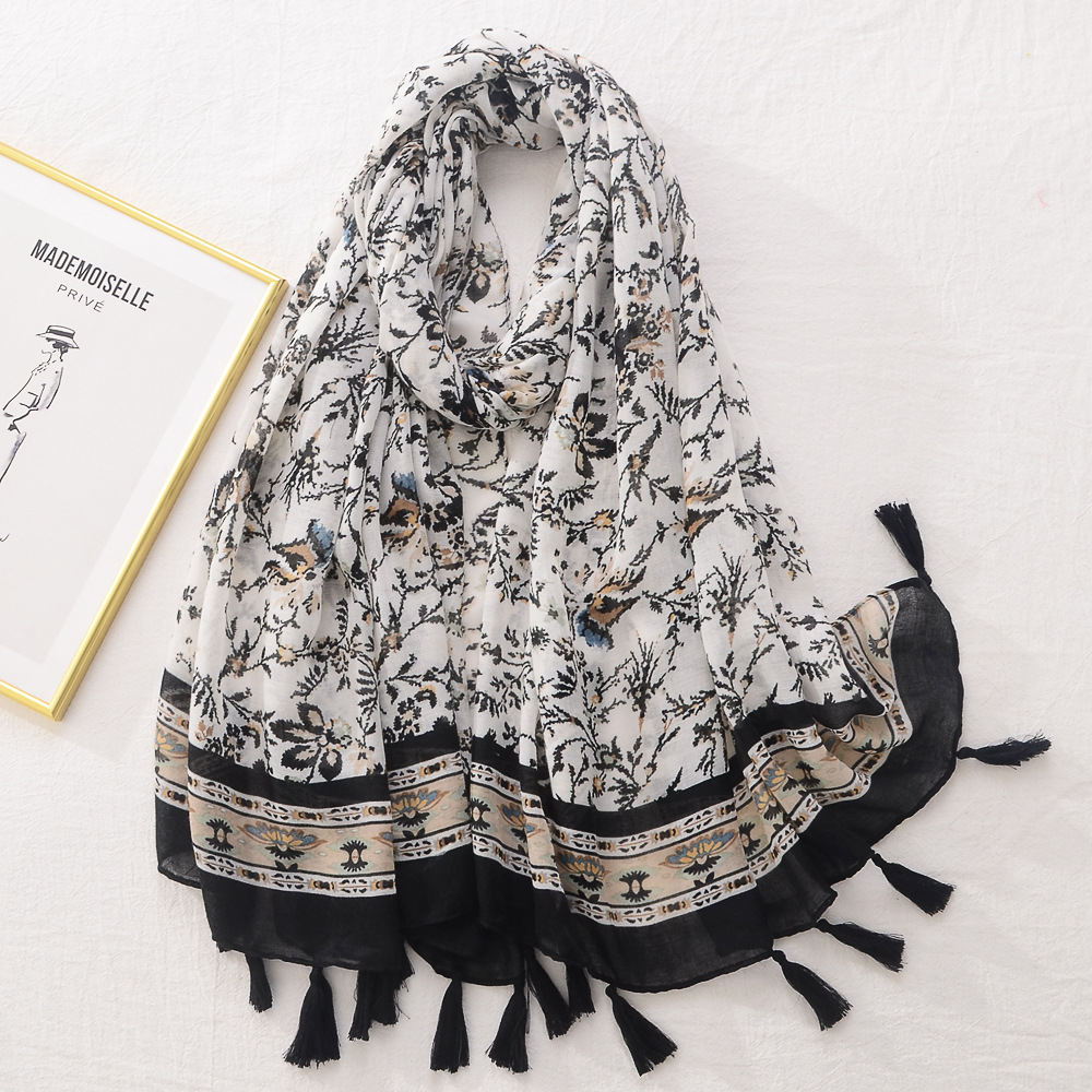 Moda retro étnica planta flor bufanda de las mujeres primavera y verano fino algodón y lino sensación bufanda Comercio exterior Exportación protector solar toalla
