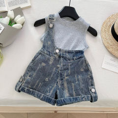 2025ノースリーブチョッキデニム背もたれショートパンツ花夏服子供韓国版磨毛破穴ショートパンツファッション女の子