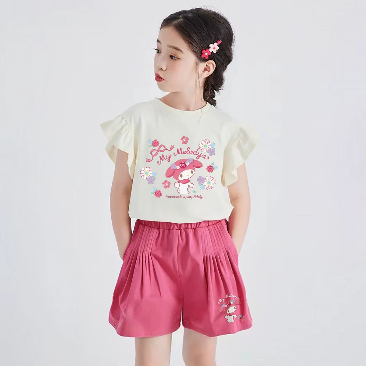 HelloKitty Hello Kitty Girls Летний набор 2025 Meltty IP совместный набор шорты с короткими рукавами из двух частей