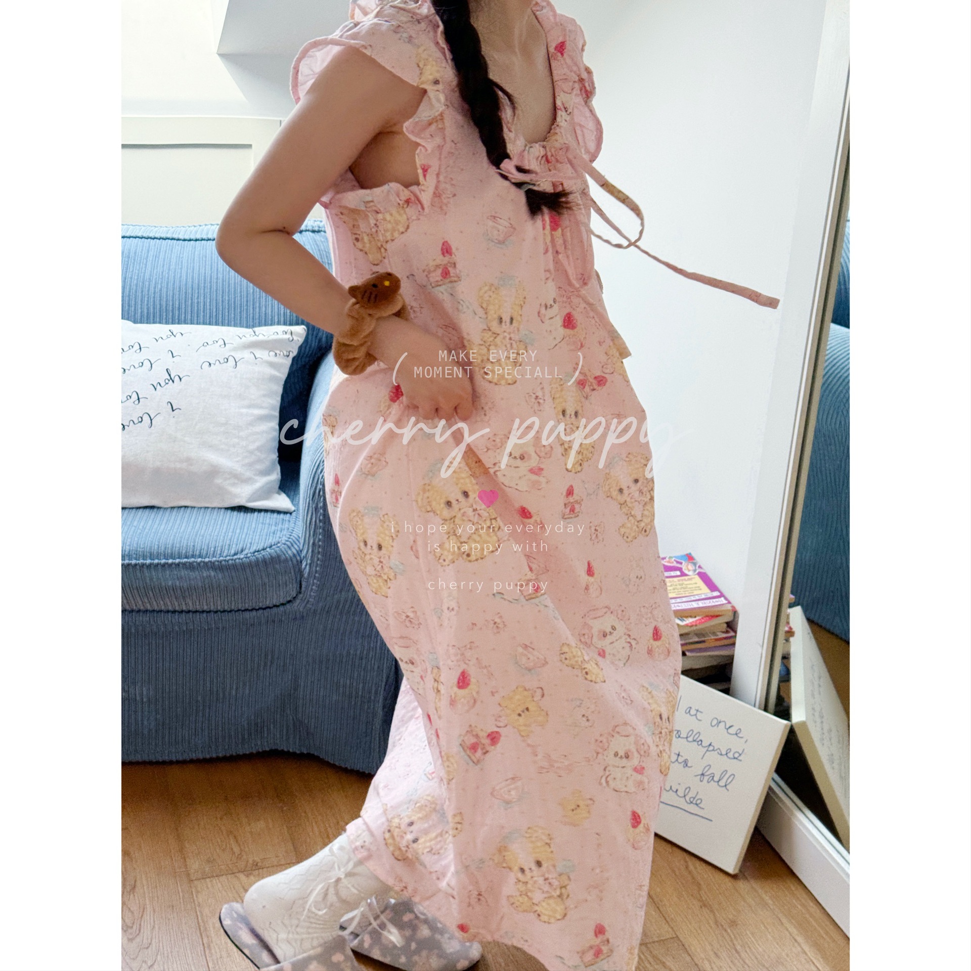 CHERRY PUPPY Angel Bear Nightdress Ruffled Cotton Yarn Pajamas 홈 옷 편안한 면 귀여운 만화