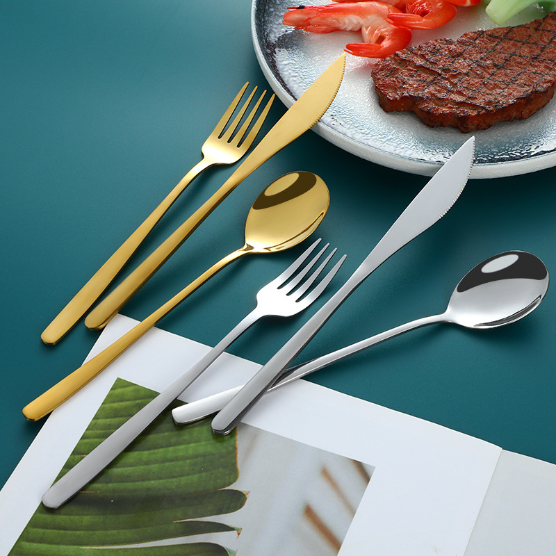 Cuchillo de acero inoxidable, tenedor y cuchara de postre coreano café mango largo revolviendo cuchara hogar comiendo cuchara vajilla de acero inoxidable