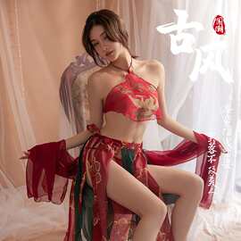 情趣内衣古装宫廷风纯欲汉服肚兜套装红色情趣内衣透视涤纶