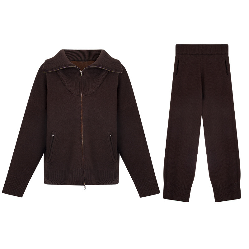 패셔너블하고 게으른 캐주얼 정장 더블 지퍼 라펠 스웨터 가디건 + 스트레이트 레그 할머니 바지 판매 준비 |