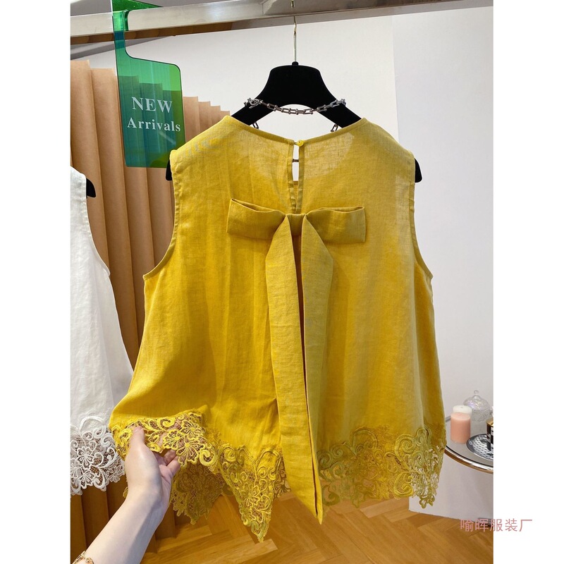 2026 Summer National Trend High-End Sleeveless Top with Back Bow for Men and Women, Plus Size Slimming Lace Patchwork T-Shirt 2026 Summer National Trend High-End Sleeveless Top with Back Bow for Men and Women, Plus Size Slimming Lace Patchwork T-Shirt