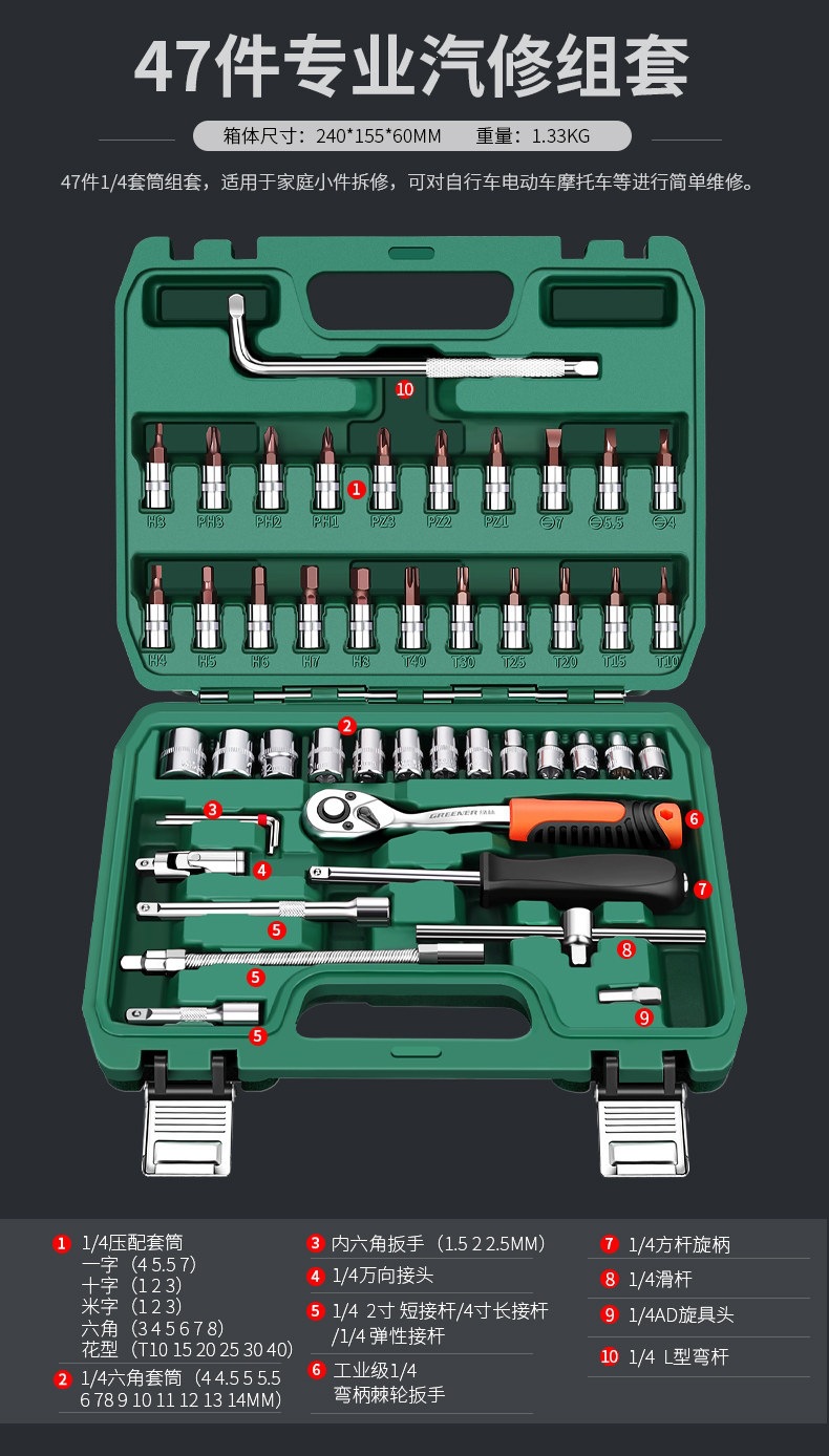 Suitable for Green Forest Auto Repair Tool Set, Socket Wrench, Ratchet, Car Repair Combination Tool Box, Multi-Function