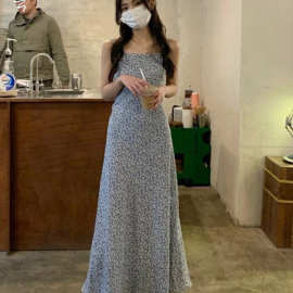 甜美淑女温柔风连衣裙雪纺碎花裙辣妹垂感吊带裙复古长裙盐系夏季