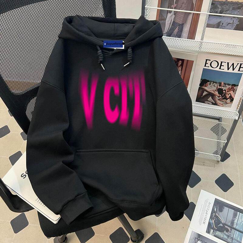 American Retro Hooded Sweatshirt for Women, Autumn and Winter Trendy Brand Original Design with Blurred Letters, Versatile and Loose Fit Top Jacket