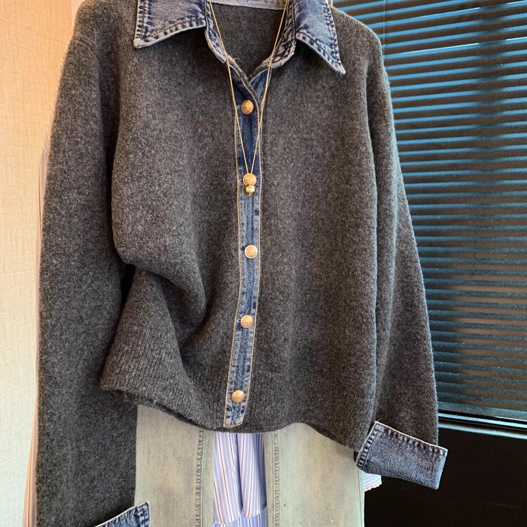 Denim Collar Splicing Knitwear Knitwear Women's Thickeneded Cardigan Jacket Autumn and Winter Design 2025 New Buttoned Top