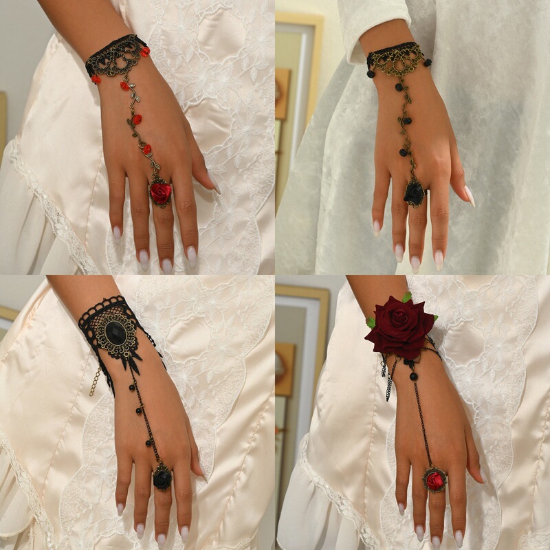 European and American Cross-Border Gothic Dark Fashion Fabric Rose Lace Mittens Bracelet Masquerade Retro Hand Jewelry for Women
