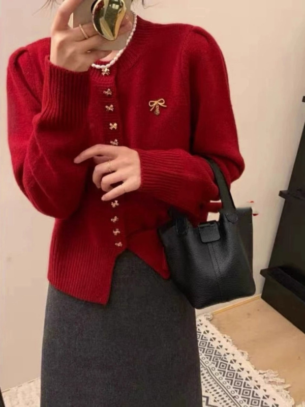 三股安迪绒新年蝴蝶扣针织开衫女2025年秋冬新款韩版减龄显瘦毛衣|undefined