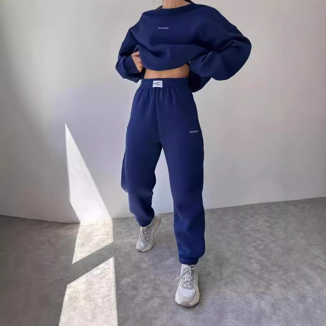Damkläder ny kostym långärmad rundhalsad casual sweatshirt elastiska sportbyxor tvådelad kostym_voghion.com