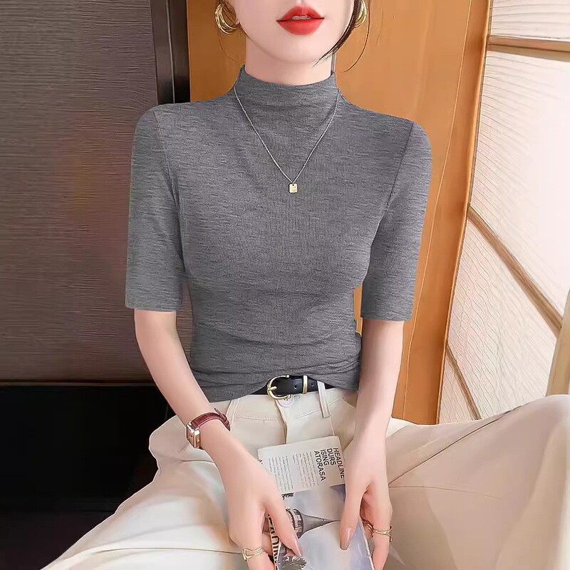Dark Flower Gray Mid-sleeve Threaded Half-high Neck T-shirt Women's Base Shirt with 2024 New Spring and Autumn Slim-fit High-end