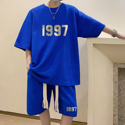 Waffle short-sleeved T-shirt men's summer sports suit loose casual shorts Hong Kong style ins handsome two-piece set trendy