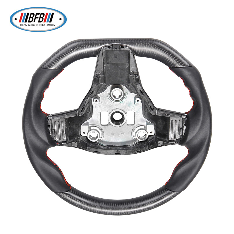 100% Real Carbon Fiber Matte Black No-Hole Steering Wheel Cover - For Tesla Model 3 Y - Red Leather Stitching Modification