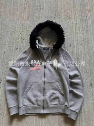 外贸厂家直销美式水洗个性长袖连帽卫衣日系潮流高级感毛领外套男|undefined