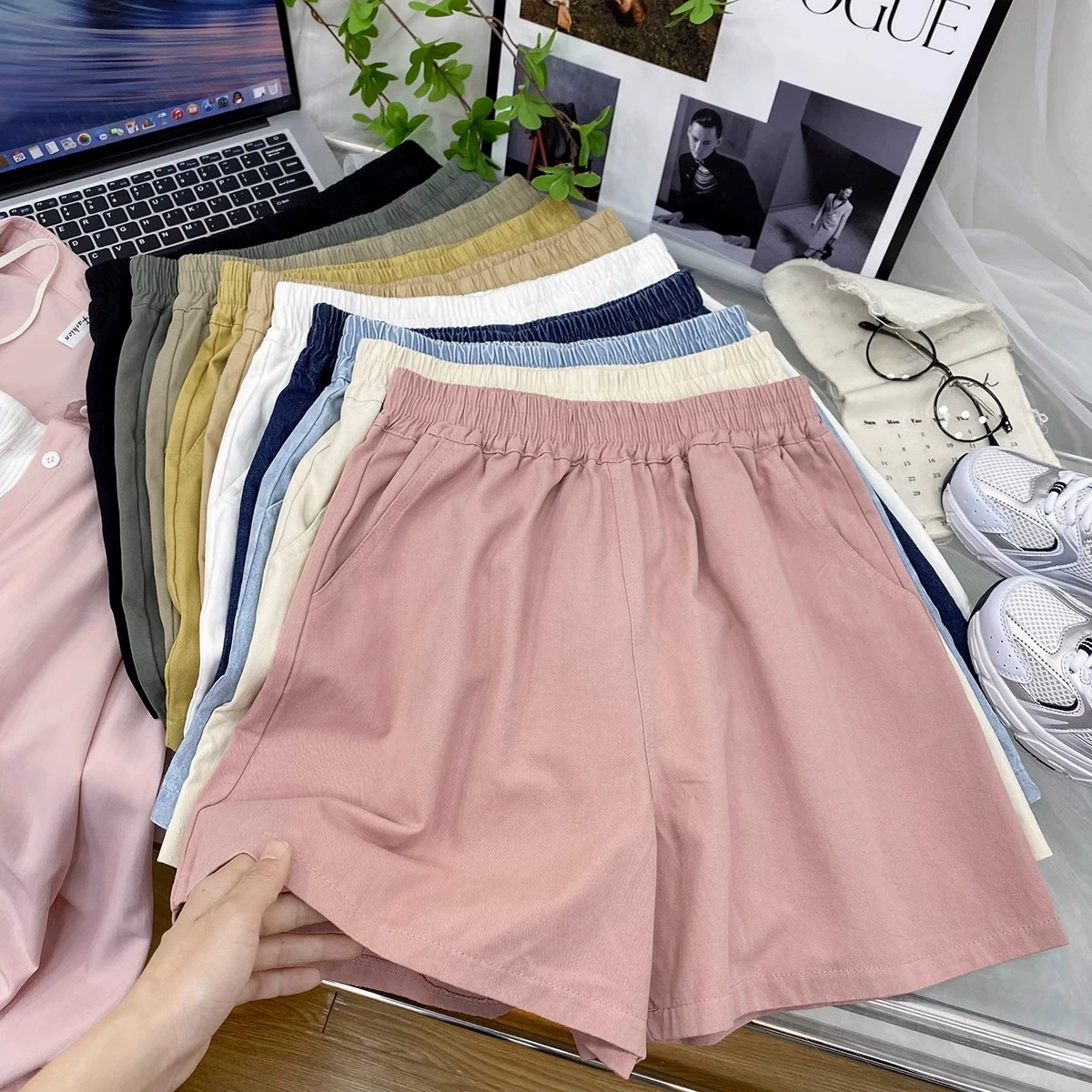 Эластичные потертые хлопковые джинсовые шорты с высокой талией, женские летние простые универсальные Спортивные Повседневные широкие шорты А-силуэта, модные